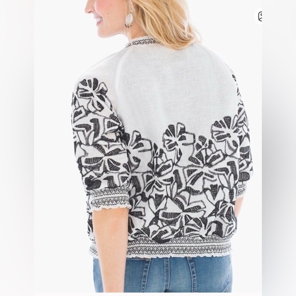 CHICO’S Embroidered Smocked Jacket 3/4 Sleeves White/Black Size 1 Medium - Picture 2 of 16